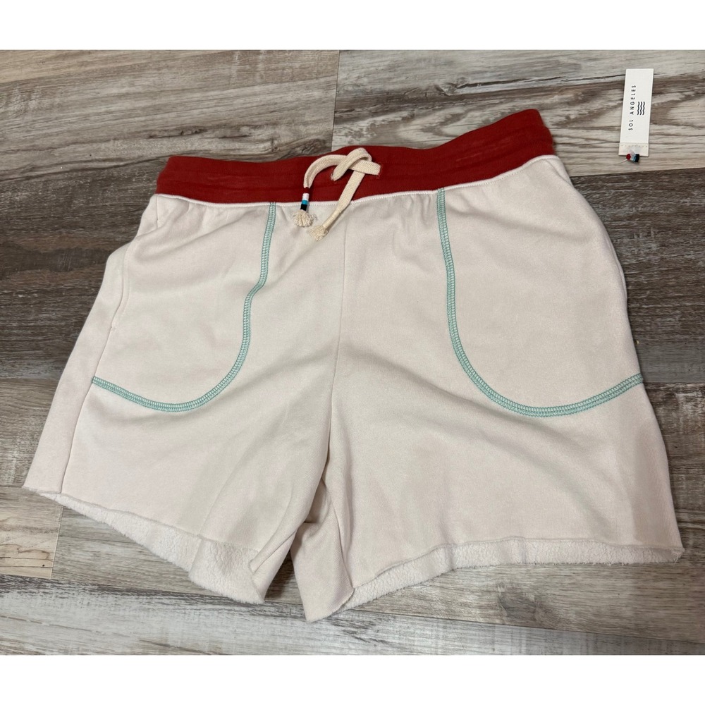 Sol Angeles Womens Essential Shorts Cream Rust Red Fleece Raw Hem Size L NEW